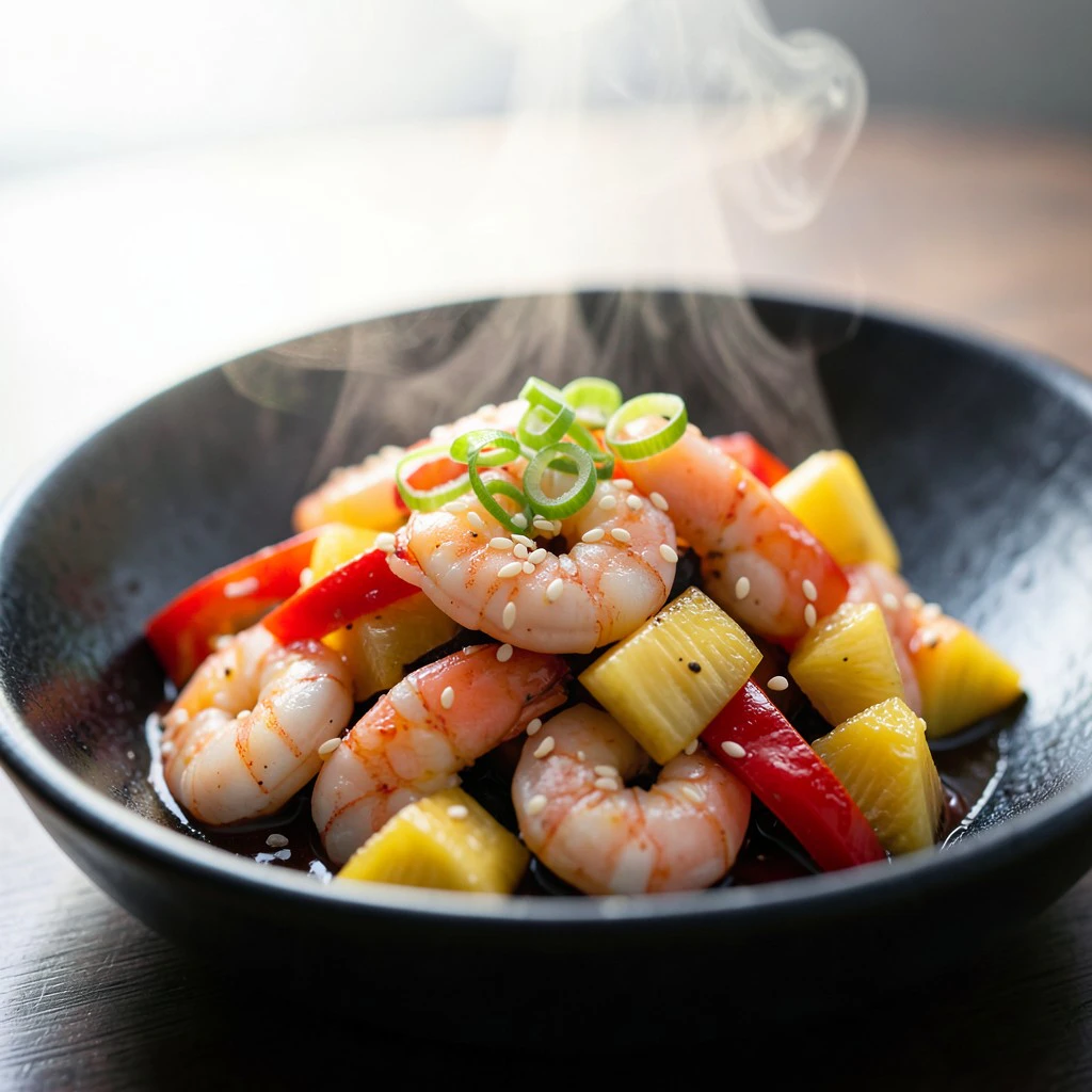 Crevettes à l'ananas et poivrons façon wok