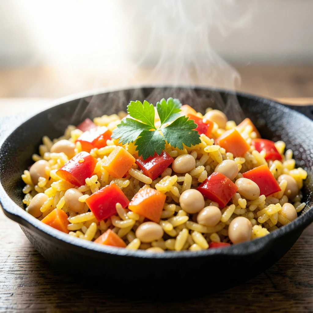 Cremige Curry-Reispfanne mit weißen Bohnen