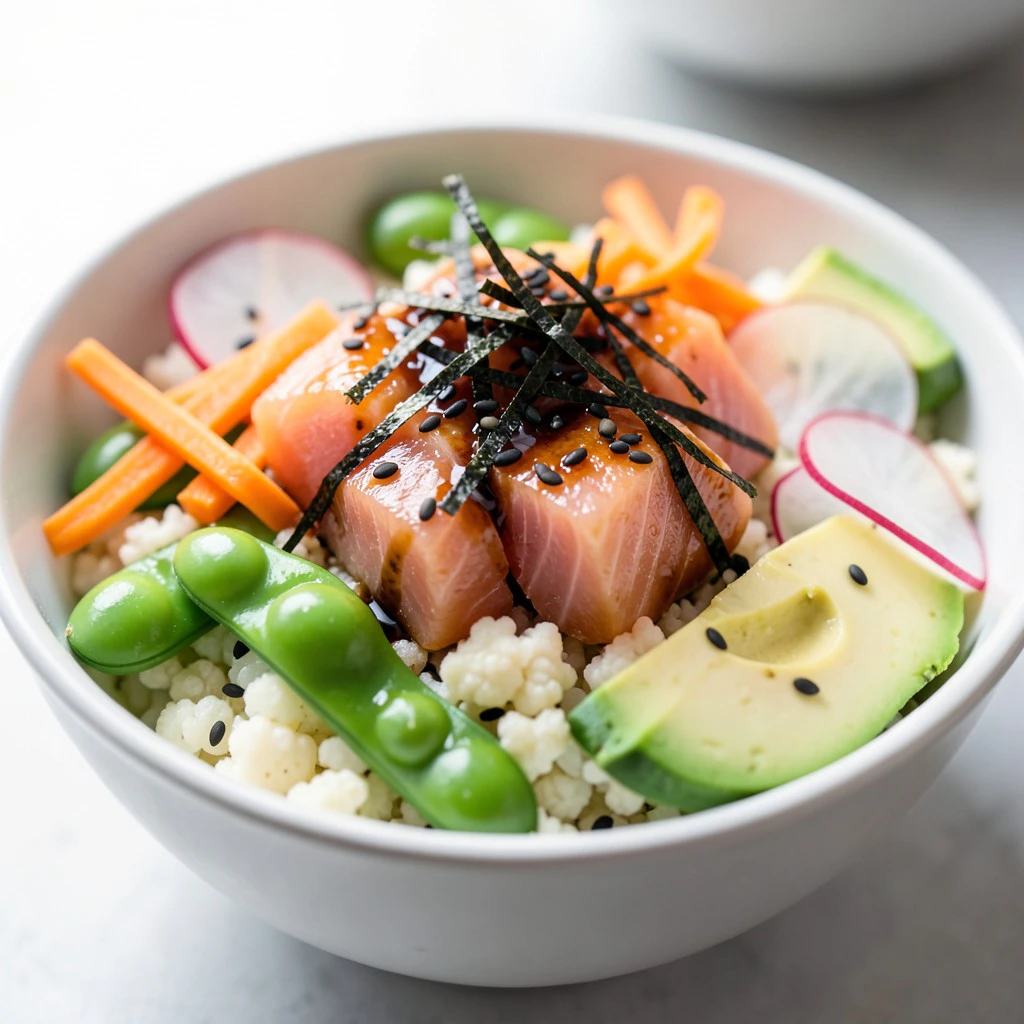 Poke Bowl di Salmone e Riso di Cavolfiore alle Verdure Croccanti