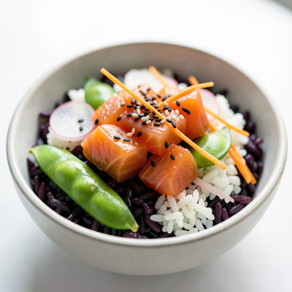 Poke Bowl di Salmone, Riso Nero e Verdure Croccanti