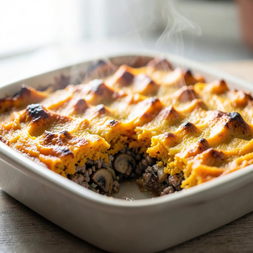 Pastel de carne con puré de calabaza asada