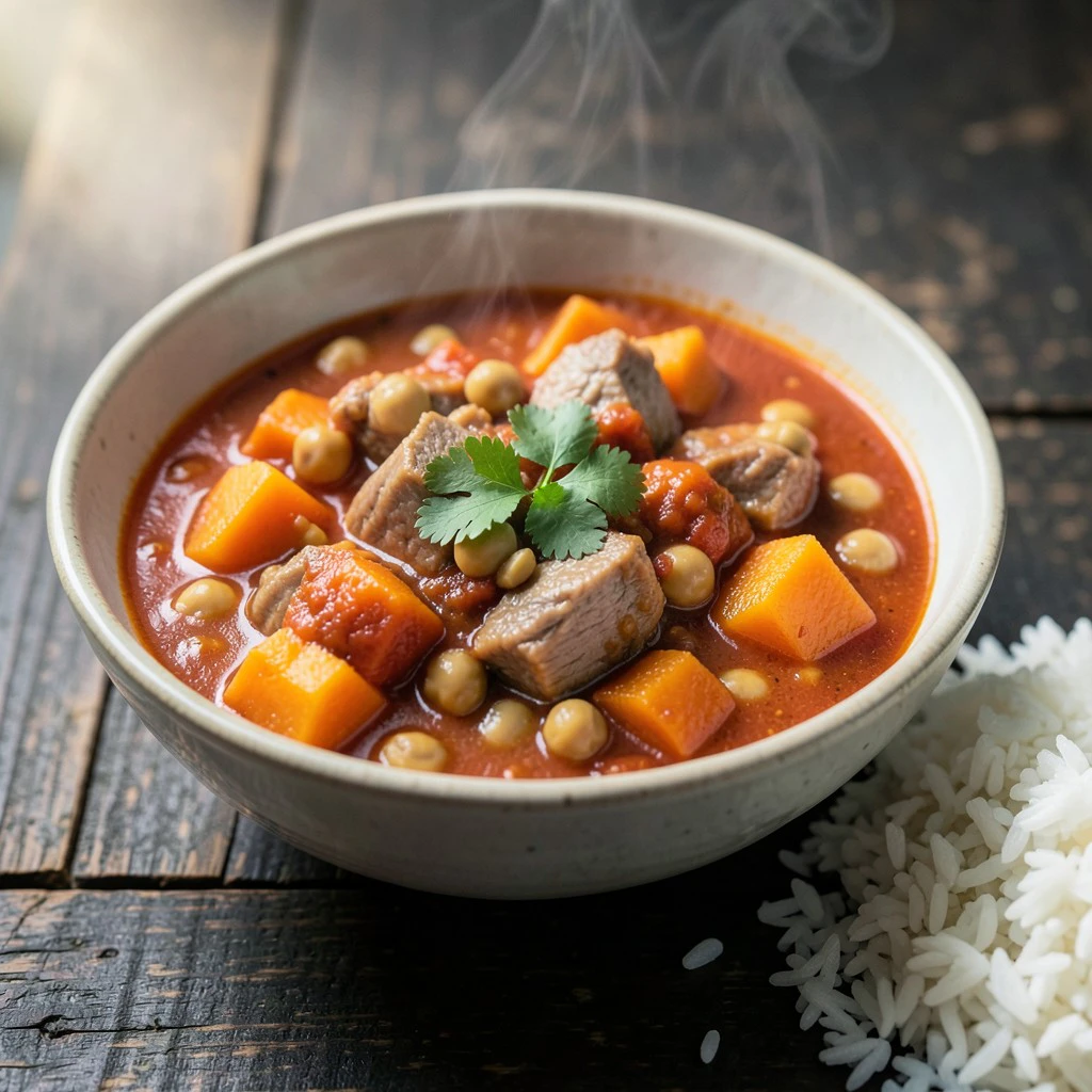 Cerdo Estofado en Salsa de Tomate con Garbanzos y Vegetales