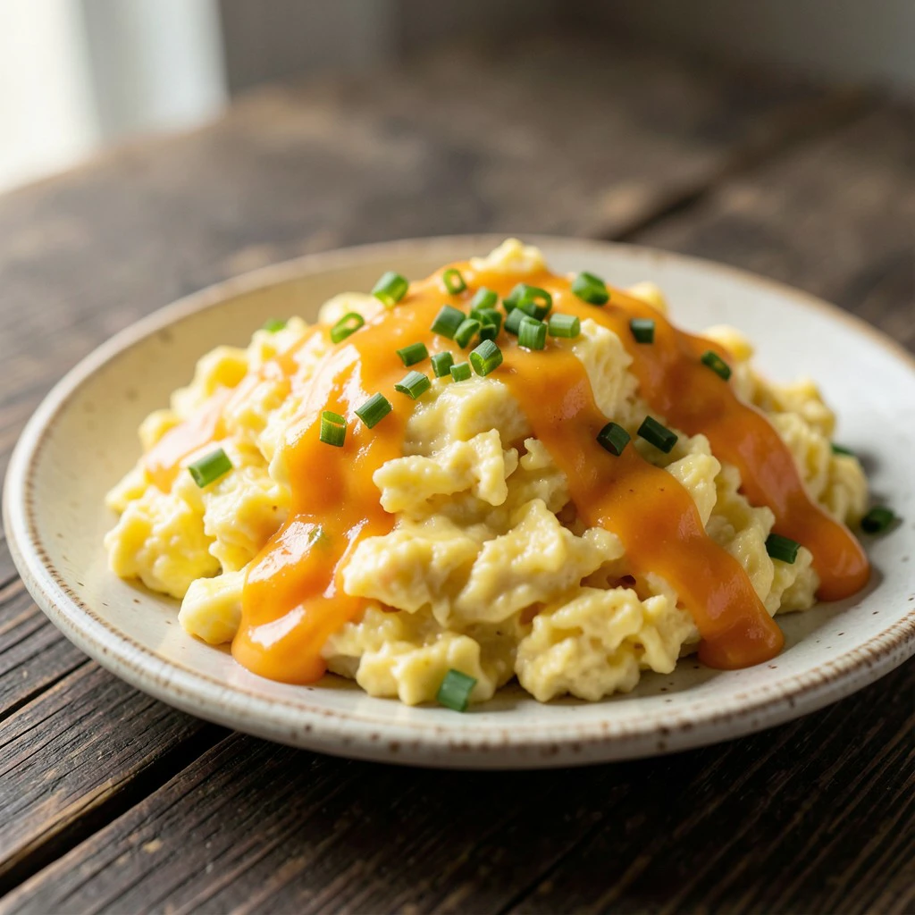 Huevos revueltos cremosos con queso fundido