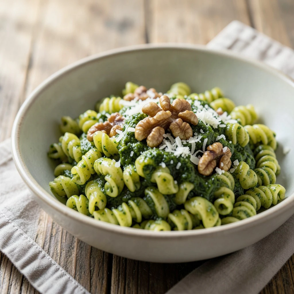 Pasta con Pesto Vibrante de Espinacas y Nueces