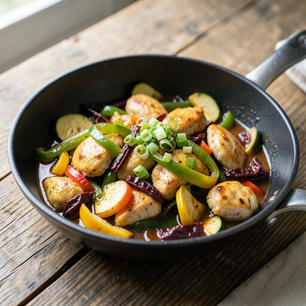 Sauté de poulet aux poivrons, oignons et tomates séchées