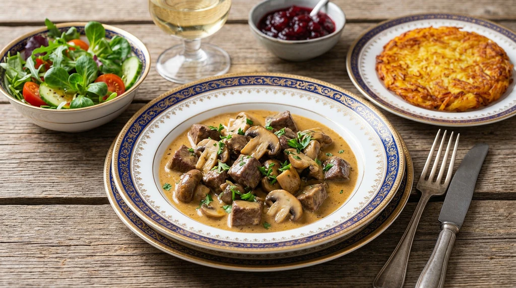 Rehragout „Züricher Art“ mit karamellisierten Champignons