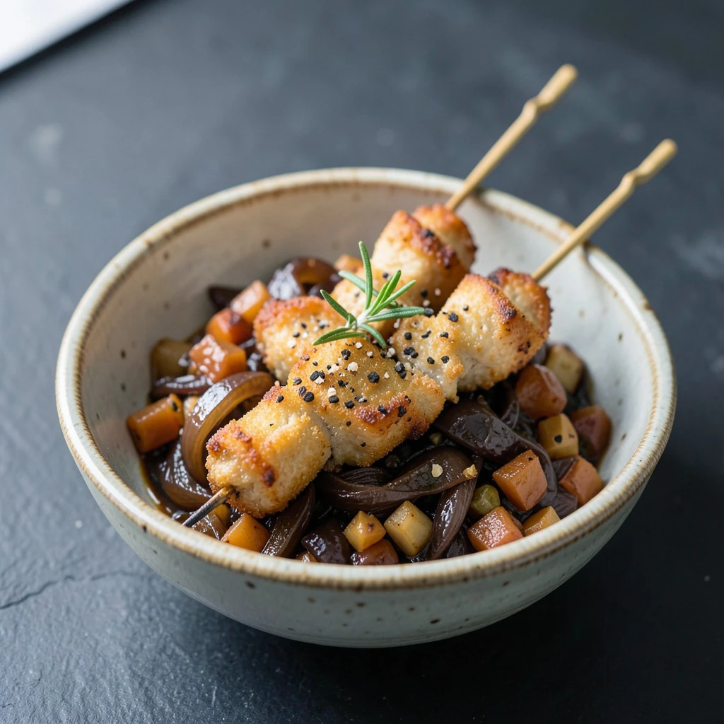 Lammkeulen-Spieße aus der Heißluftfritteuse mit Schmorzwiebeln