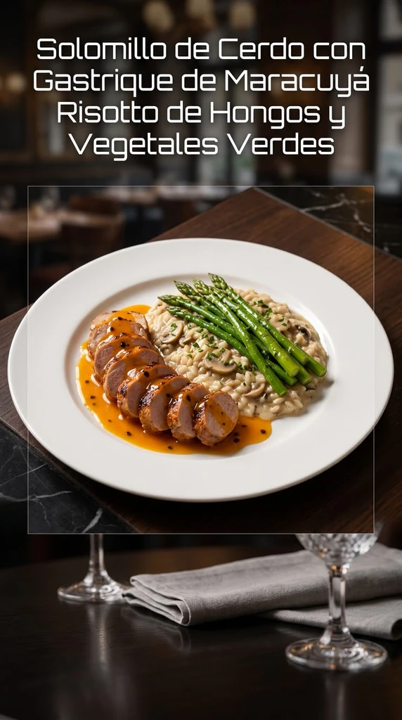Solomillo de Cerdo con Gastrique de Maracuyá, Risotto de Hongos y Vegetales Verdes
