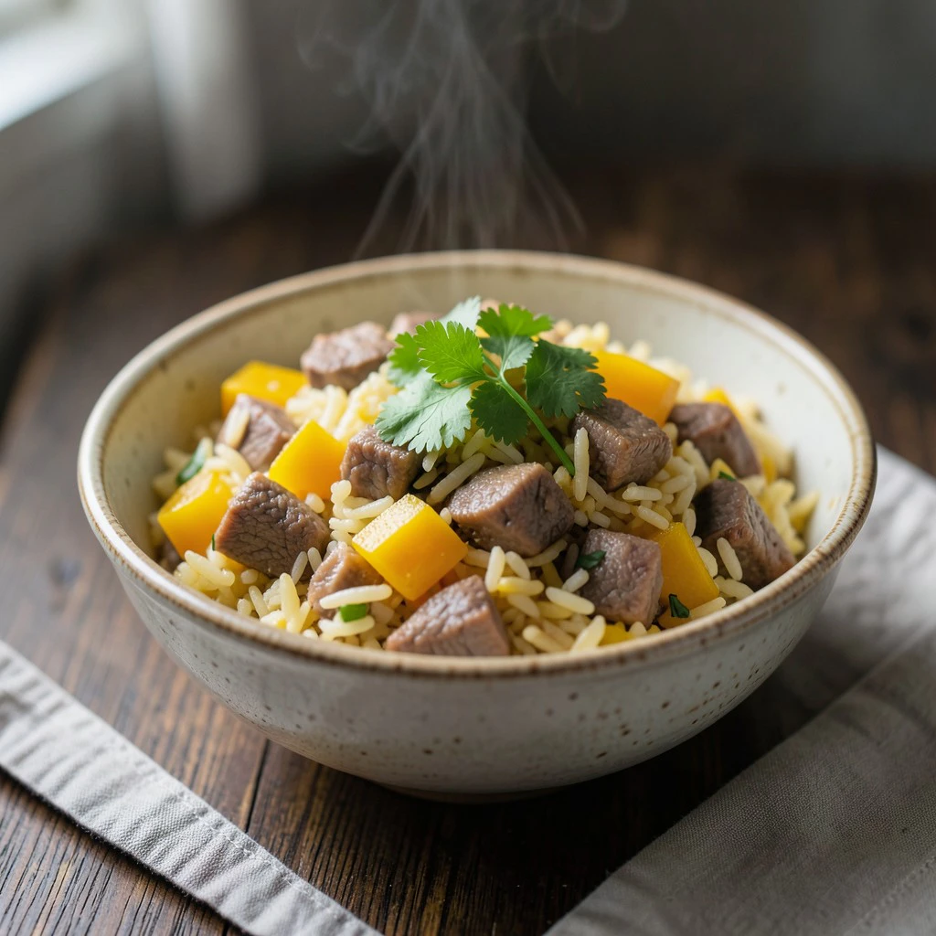 Arroz con Carne y Sofrito en Una Olla