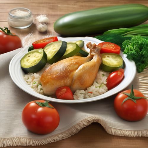 Pilons de poulet au four avec riz, courgette, tomates et oignons