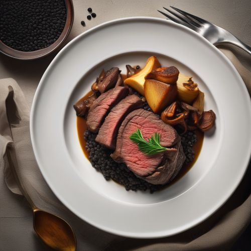 Braised Beef with Black Lentils, Chanterelle Mushrooms, and Parsnips
