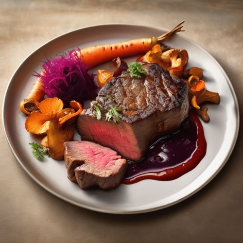 Steak with Chanterelles, Beets, Carrots, and Fermented Pepper
