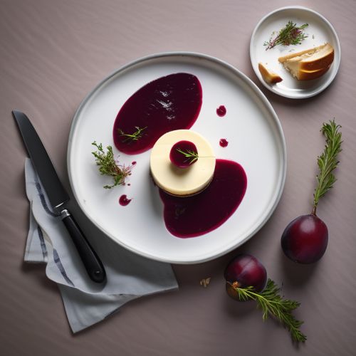 Brie, Goat Cheese and Thyme Cheesecake with Beetroot Purée Jam and Roasted Plums