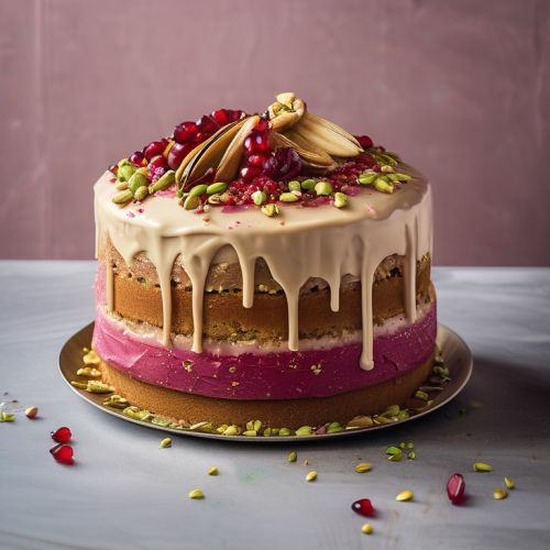 Tahini and Date Purée Layer Cake with Pistachio Praline Crunchy and Pomegranate Molasses Buttercream