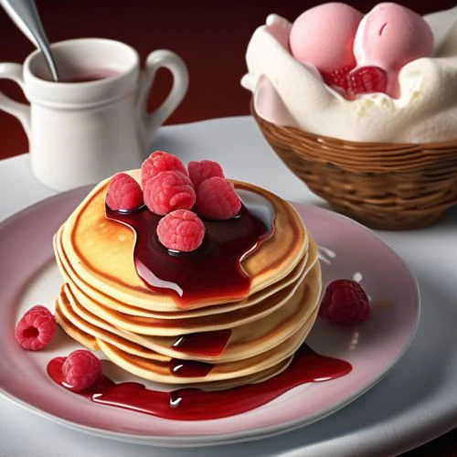 Raspberry Pancakes with Raspberry Jam and Raspberry Ice Cream