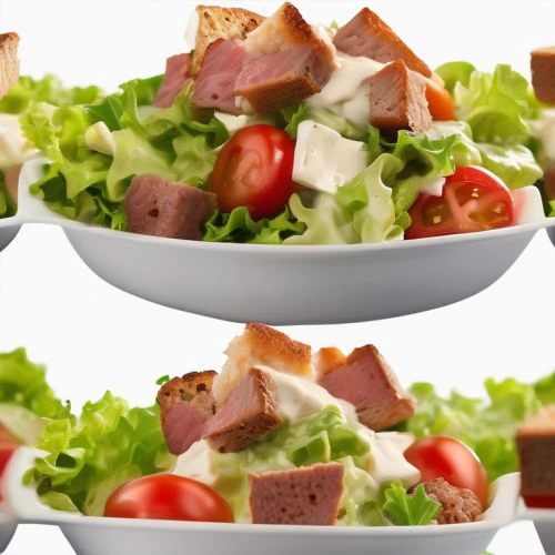 Bread Salad with Green Lettuce, Sausage, Cheese, Tomatoes, and Mayonnaise