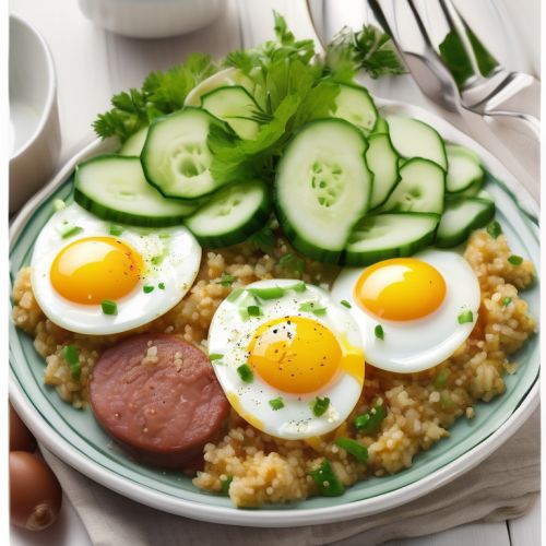 Eggs with Sausages, Cucumbers, and Bulgur