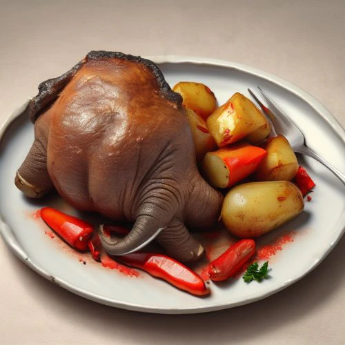 Roasted Elephant Thigh with Sweet Red Pepper and Potato - Mr. Cook