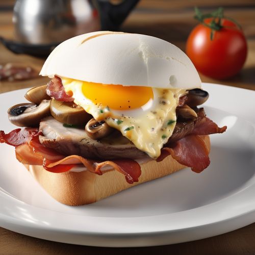 Beef Sandwich with Cheese, Mushrooms, Bacon, Tomatoes, and Egg
