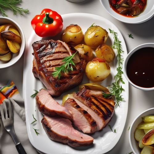 Grilled Pork Steak with Roasted Potatoes and Vegetable Medley