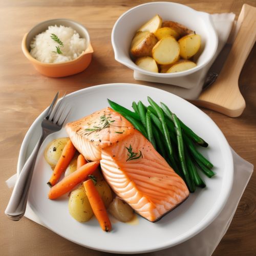 Baked Salmon with Potato, Carrot, Onion, and Rice