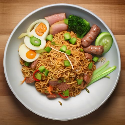 Instant Noodle Stir-Fry with Sausage, Pickles, and Potato