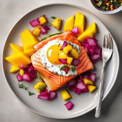 Salmon and Potato Breakfast Hash with Mango and Dragon Fruit Salsa