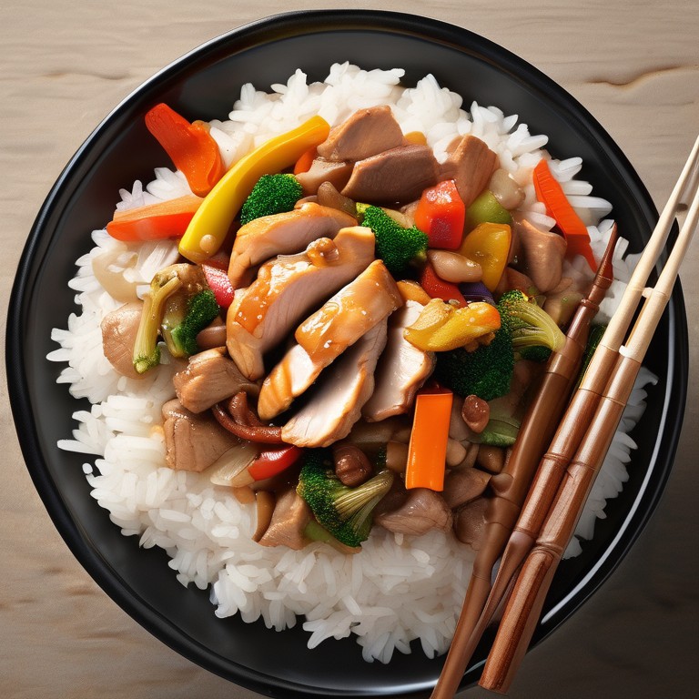 Chicken and Pork Stir-Fry with Rice and Buckwheat
