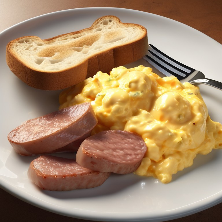 Scrambled Eggs with Toast, Sausage, and Ground Meat