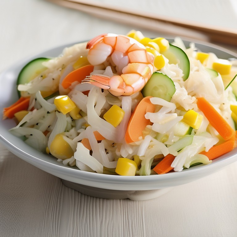 Fermented Cabbage Salad with Carrots, Pumpkin, Apple, Corn, Cucumber, Cheese, Rice, and Shrimp