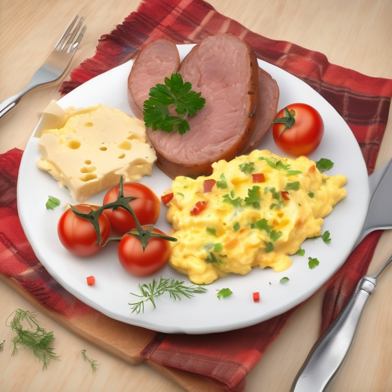Scrambled Eggs with Sausages, Tomatoes, Cheese, and Herbs