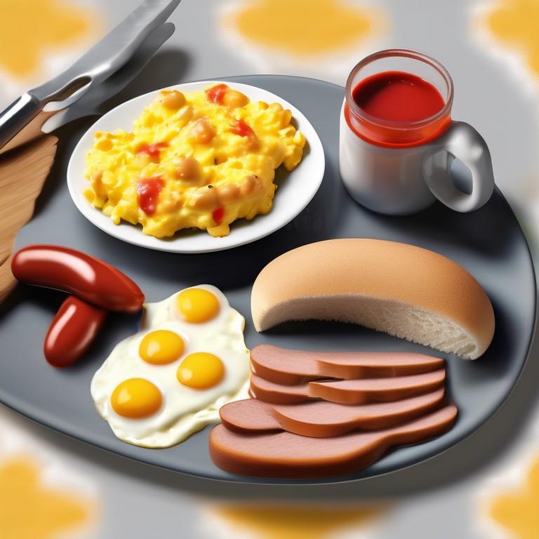 Scrambled Eggs with Ketchup, Cheese, Sausages, and Bread