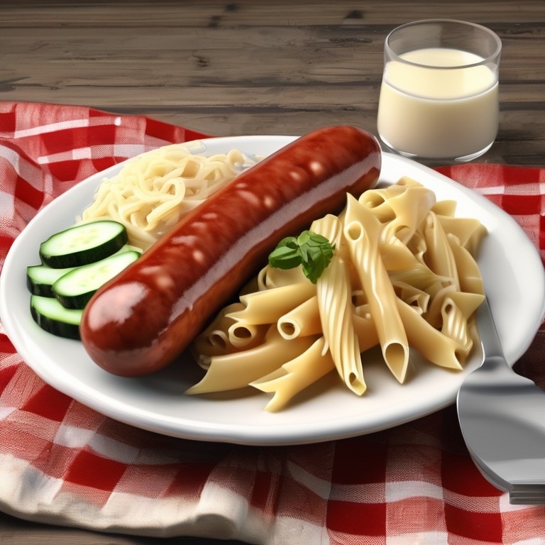 Baked Sausage with Tomato, Cucumber, Cheese, Rice, and Pasta