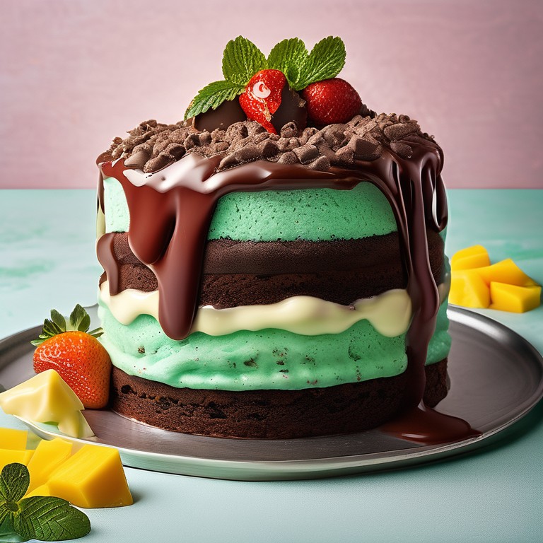 Mint Chocolate Chip Cake with Strawberry and White Chocolate Sauce Topped with Scoops of Mango Sorbet
