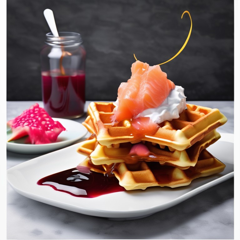 Salmon Waffles with Dragon Fruit Syrup