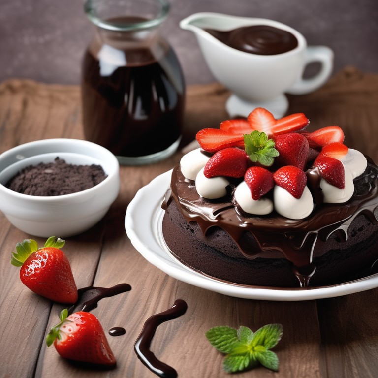 Decadent Chocolate Cake with Vanilla Strawberry and Chocolate Sauce