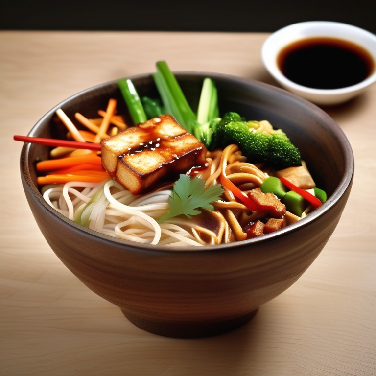 Spicy Buddha Noodle Bowl with Extra Crispy Tofu and Asian Vegetables
