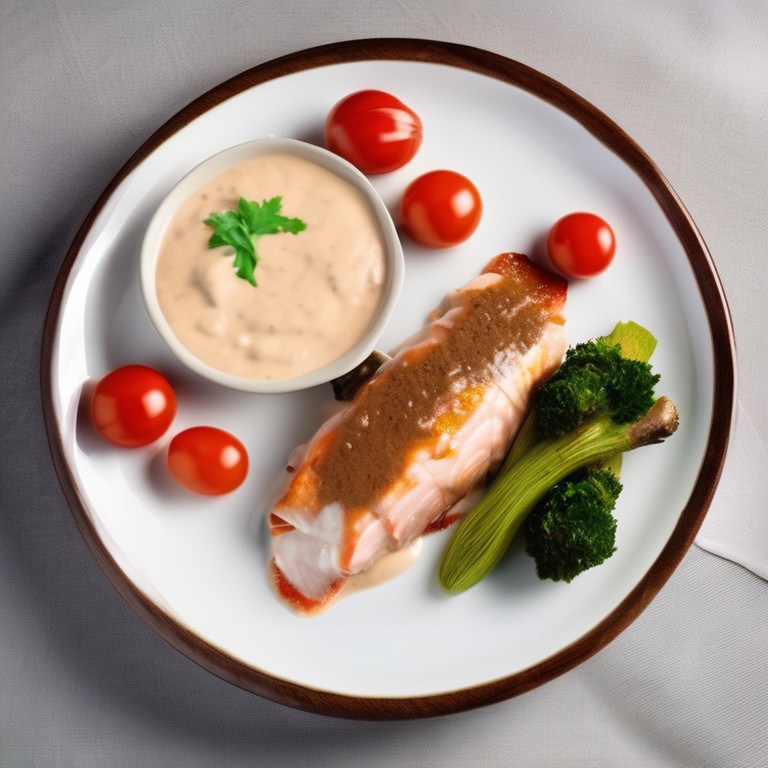 Stuffed Red Fish with Cherry Tomatoes and Mushroom Cheese Sauce