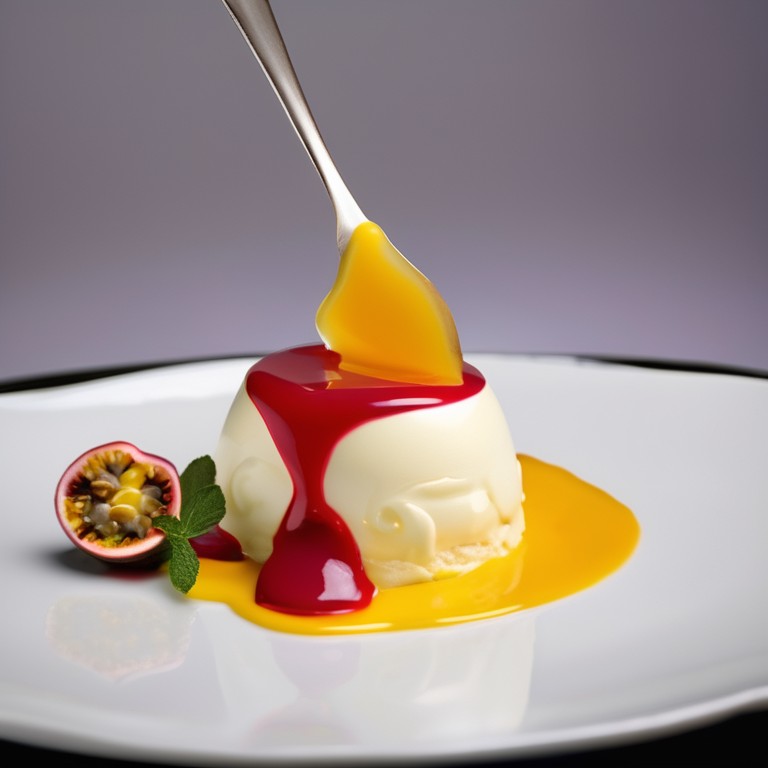 Mousse au Chocolat Blanc, Coulis de Fruits de la Passion 