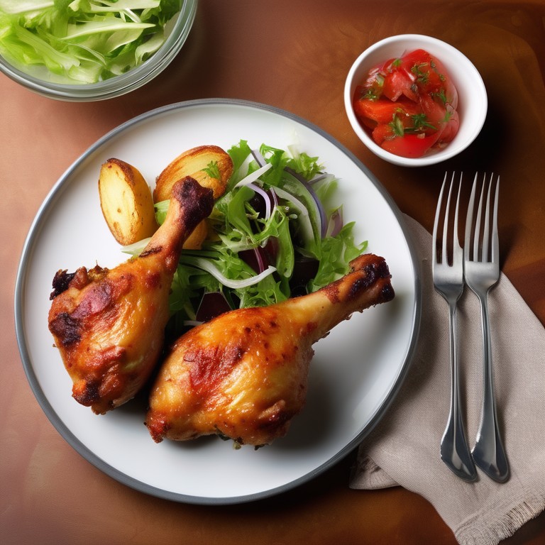 Baked Chicken Drumsticks with Crispy Potatoes and Fresh Salad