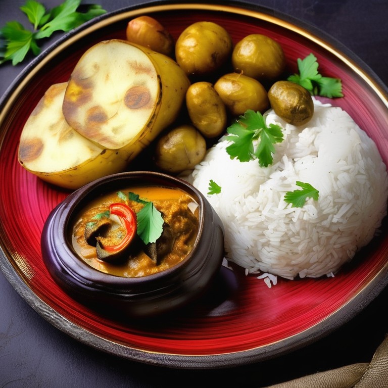 Stuffed Brinjal and Potato Curry with Fragrant Rice